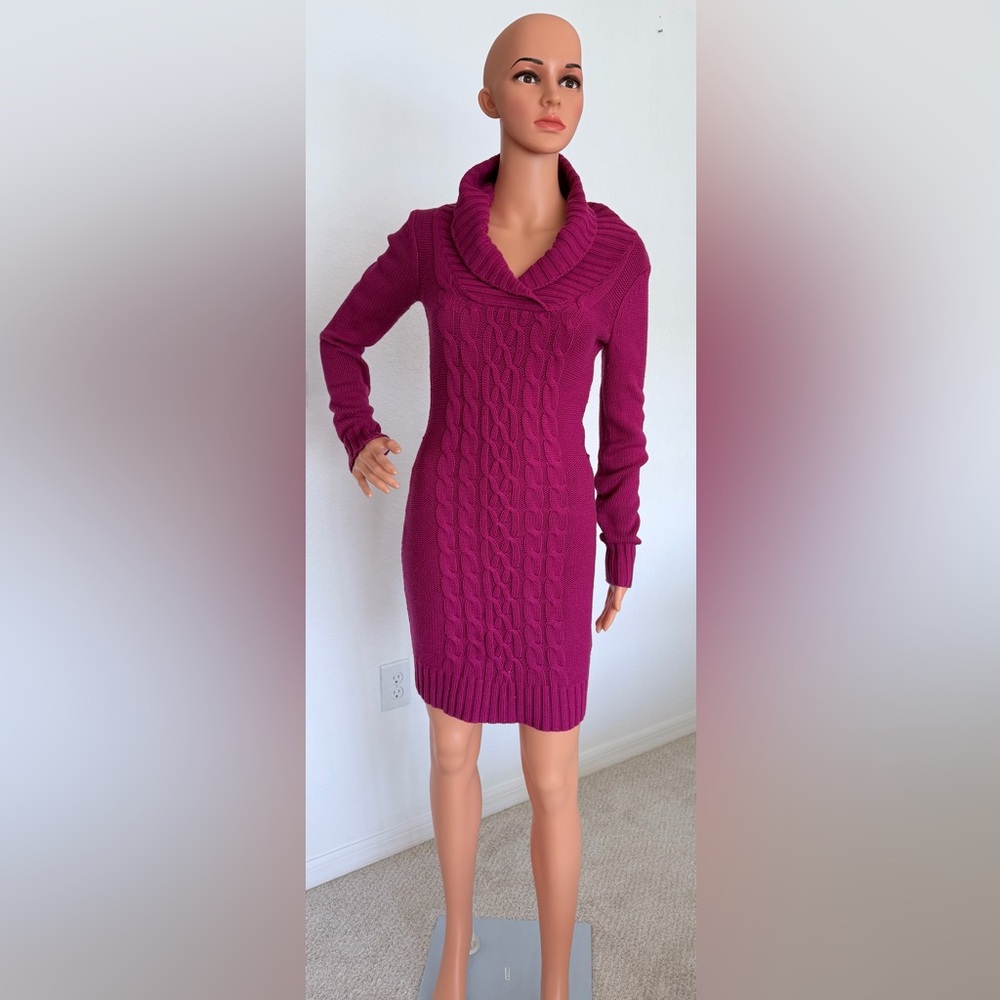 Guess Cable-Knit Long Sleeve Dress in Berry Pink